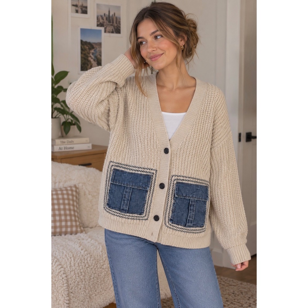 ee:some Beige Denim Pocket Cardigan M/L Mixed Media Knit Sweater